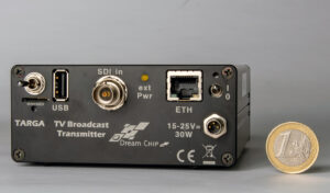 Product photo of front-facing Targa encoder/decoder beside a 1-Euro coin.