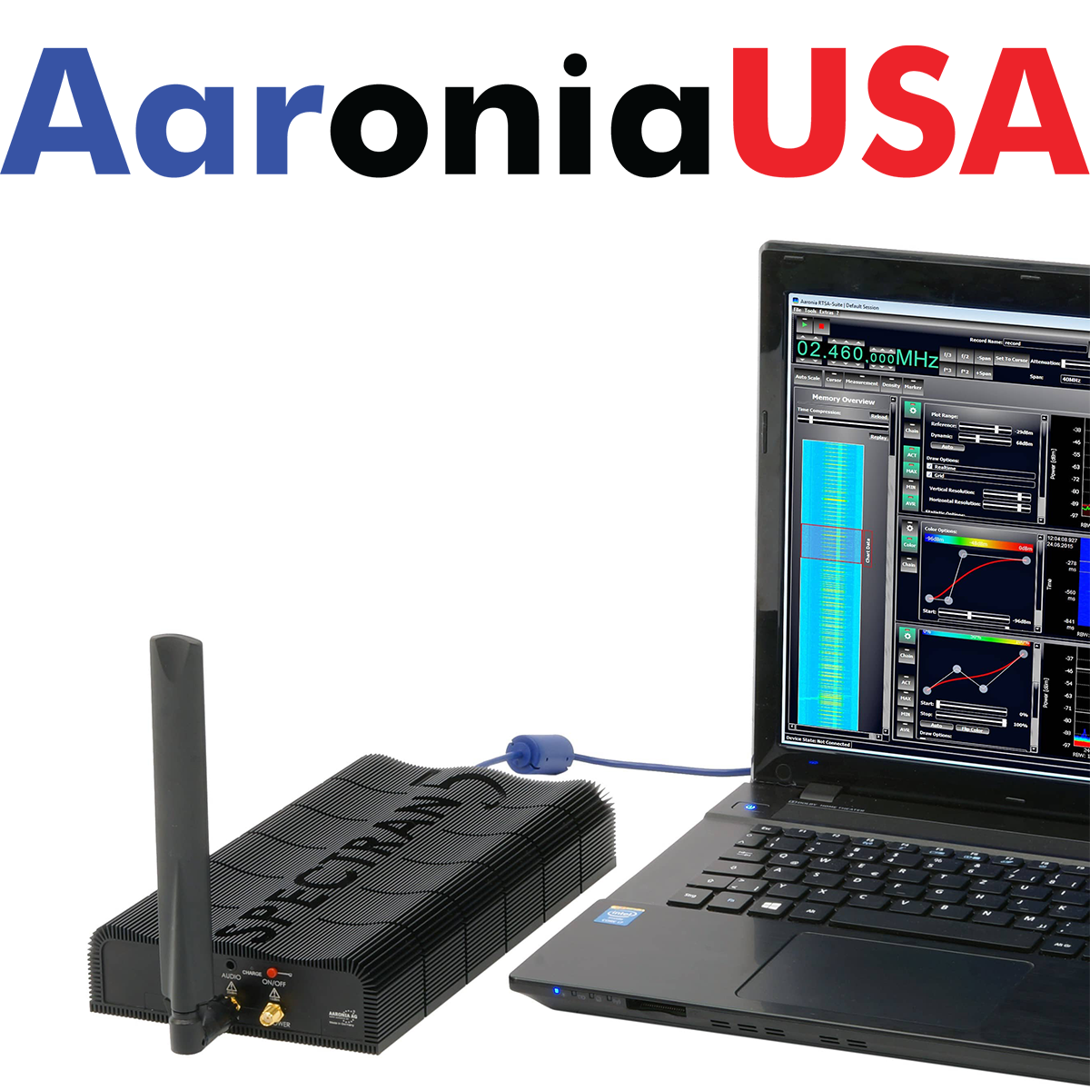 Aaronia USA logo with Spectran 5 attached to laptop