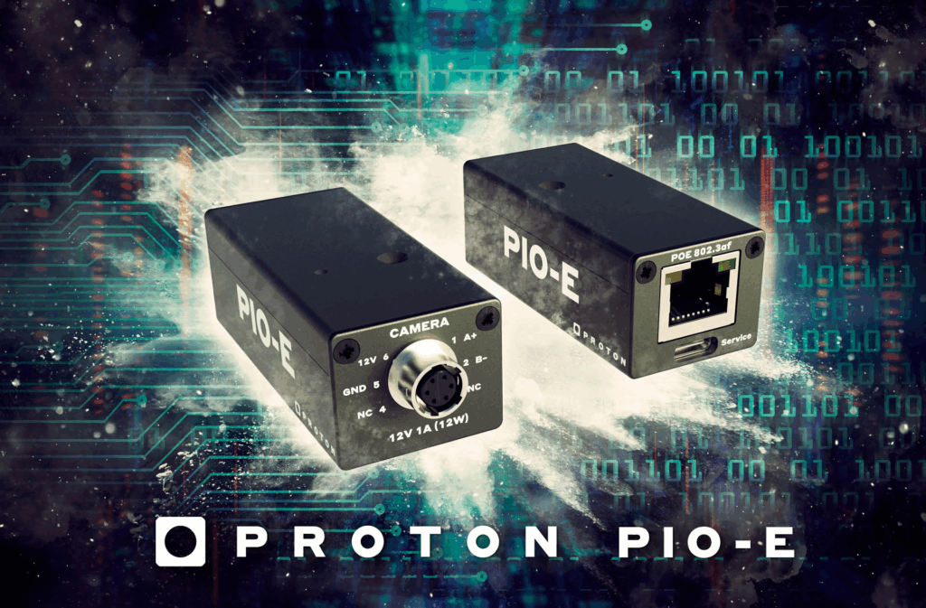 Graphic showing the Proton PIO-E control interface front and back views.